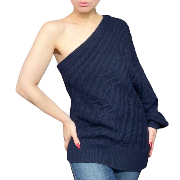 Navy Cable Knit One Shoulder Orella Sweater by JOIE size Large - Picture 1 of 4